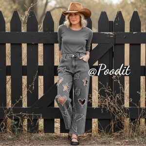 J. HER cut out rhinestone hearts & stars wide leg loose fit style jeans sz SMALL